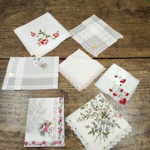 7 Vintage Embroidered Hankie Handkerchief Floral Pink Roses Cotton Switzerland